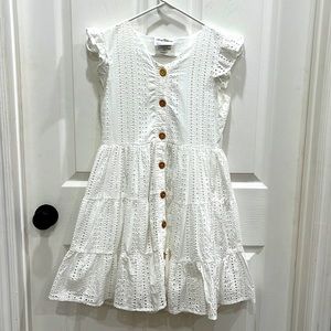 Girls white eyelet dress with wooden buttons. Size 14.